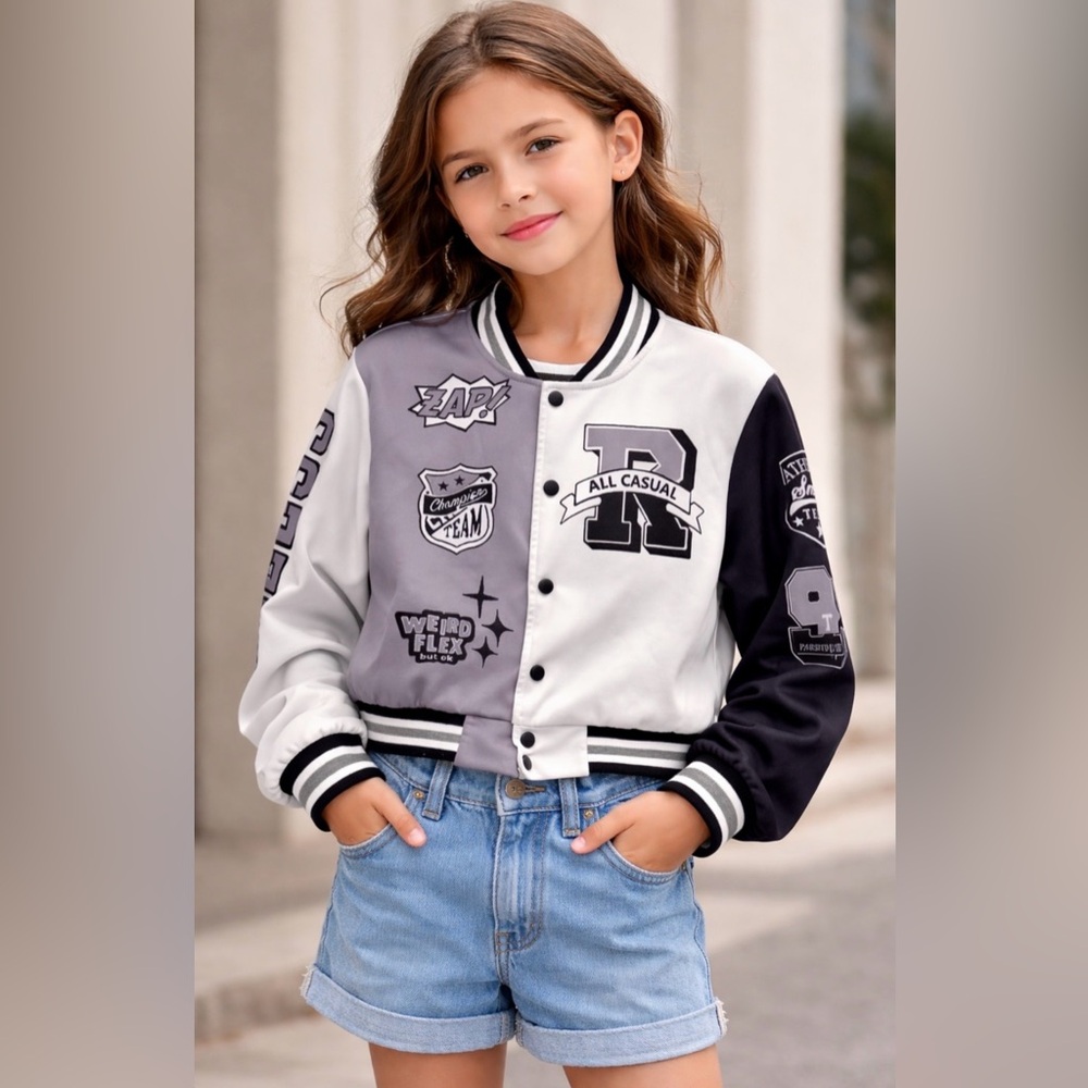 Girls Varsity Bomber Jacket Colorblock Graphic Patches Youth Small YS